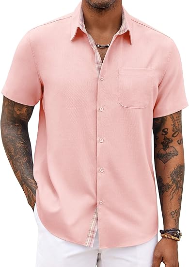 Men's Button Down Shirts Short Sleeve Casual Shirts Summer Beach Shirts Vacation Wedding Shirts with Pocket